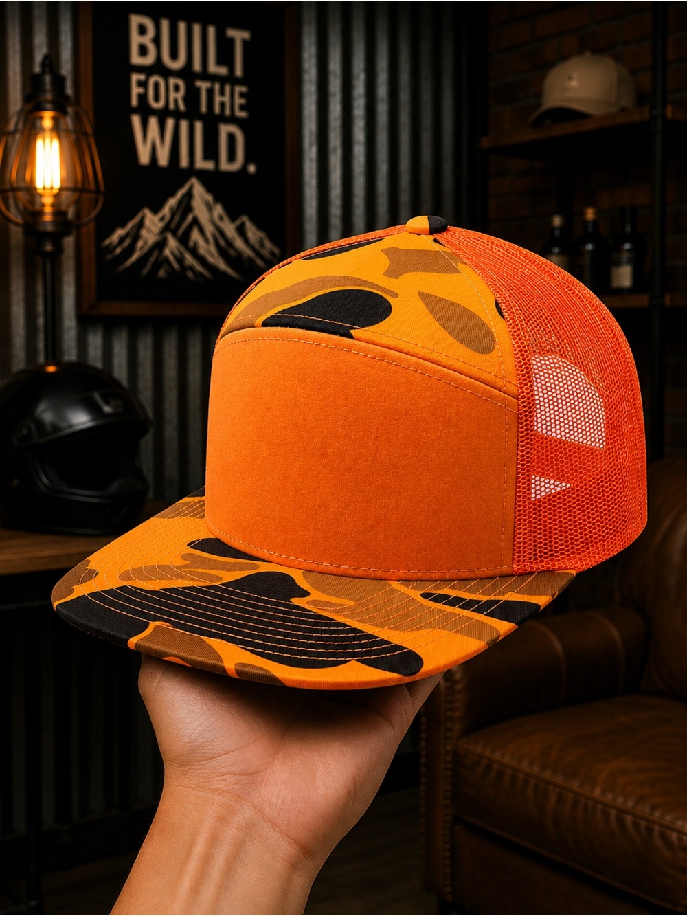 Orange Camo Trucker Snapback Hat Flat Bill Mesh Adjustable Blank Cap